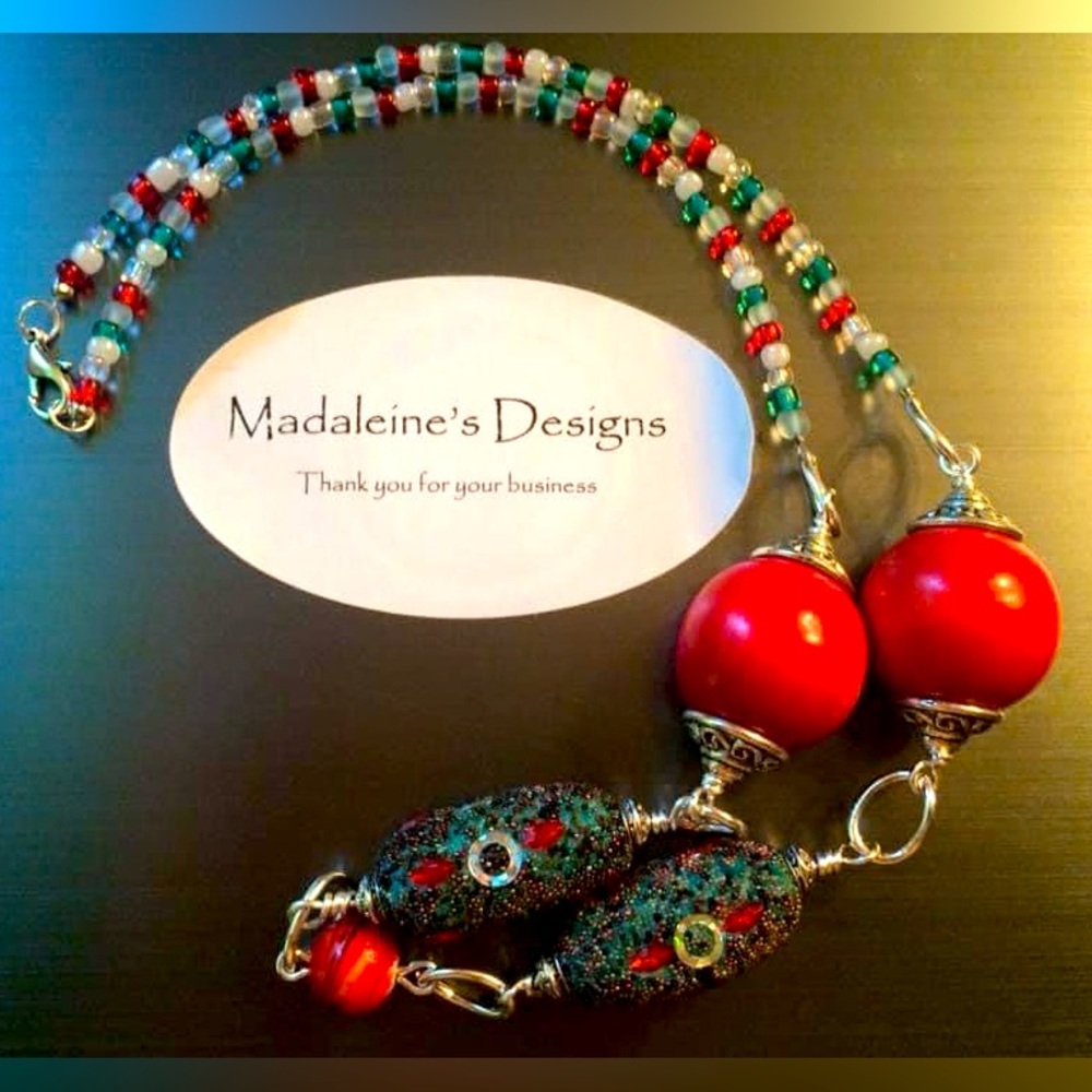 Czech beaded Necklace in red, blue and white.